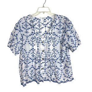 Anthropologie Kindred Embroidered blouse White Blue Sz XL boho cotton top